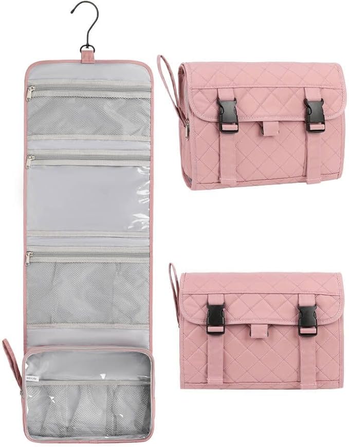 Relavel Travel Hanging Toiletry Bag, Travel Kit Shaving Bagfor Men Women, Waterproof Makeup Bag, Large Wash Bag Makeup Organizer, Toiletries Case for Bathroom Nude Pink