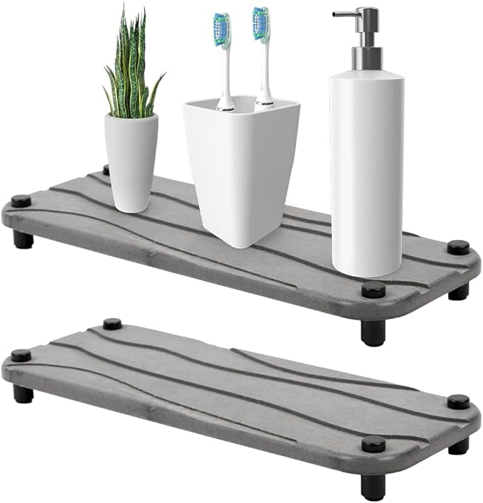 2pc Stone Drying Tray - Diatomite Sink Caddy Kitchen Sink Organizer - Water Absorbing Bathroom Counter - Absorbent Kitchen Soap Tray (Gray)