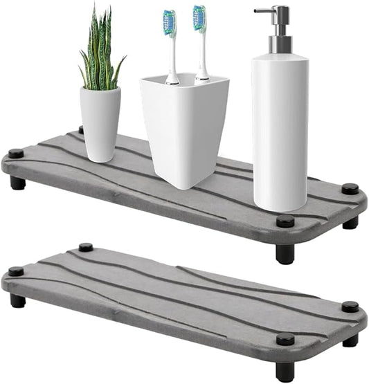 2pc Stone Drying Tray - Diatomite Sink Caddy Kitchen Sink Organizer - Water Absorbing Bathroom Counter - Absorbent Kitchen Soap Tray (Gray)