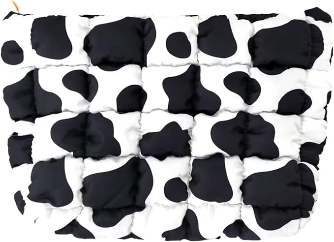 Puffy Quilted Makeup Bag, Cosmetic Bag, Travel Toiletry Organizer Pouch, Clutch for Women (Cow Print)