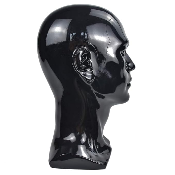 PVC Bright Black Mannequin Head Professional Cosmetology Male Mannequin Head Display Head Stand for Wigs Head for Display Wigs Hair Glases Hat Headset Display Stand(L30-Bright Black)