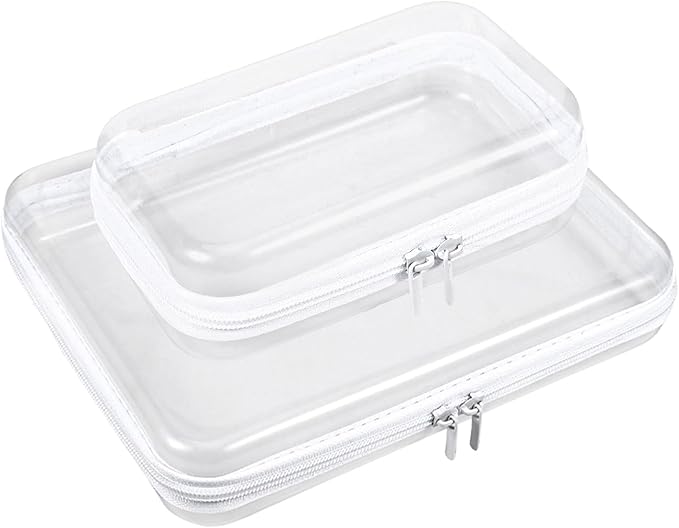 2 Pcs Clear Hard Shell Zipper Case, Portable Clear Zipper Pouches Hard Shell, Waterproof Plastic Transparent Storage Box Set with Double Zips for Cosmetic Stationery Snack Toy Storage Organizer Bins