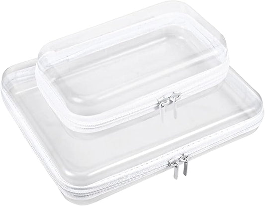 2 Pcs Clear Hard Shell Zipper Case, Portable Clear Zipper Pouches Hard Shell, Waterproof Plastic Transparent Storage Box Set with Double Zips for Cosmetic Stationery Snack Toy Storage Organizer Bins