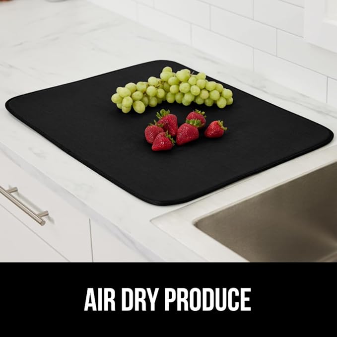 GORILLA GRIP Ultra Water Absorbent Microfiber Dish Drying Mat, 18x24, Quick Dry Thick Mesh, Slip Resistant Pad for Sink Dishes or Under Rack, Kitchen Counter Accessories, Machine Wash, 2 Pack Black