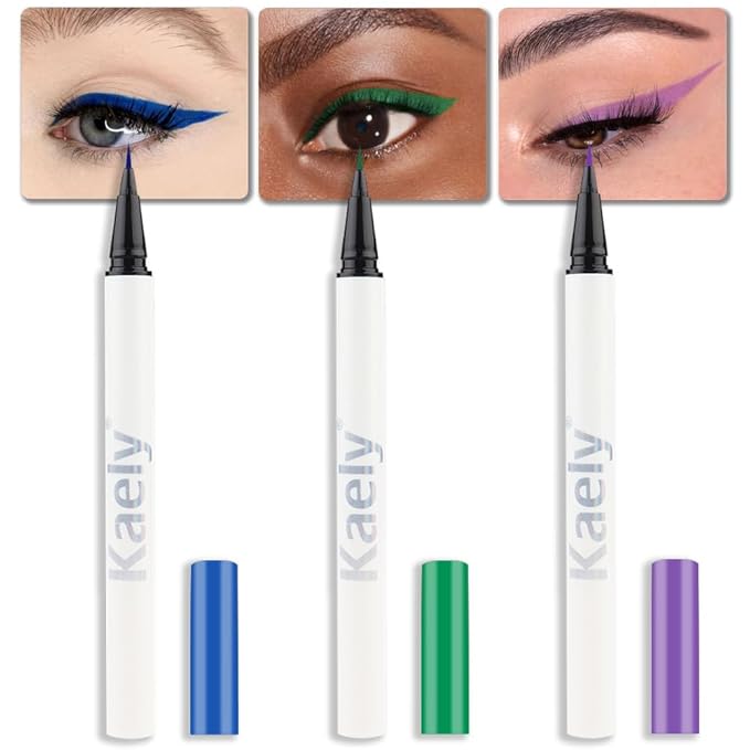 evpct 3Pcs Blue Dark Green Purple Waterproof Colored Eyeliner Liquid Eye Liner Set Long Lasiting Fine Speed Dry Liquid Eyeliner lapiz delineador de ojos contra el agua blanco para ojos de colores