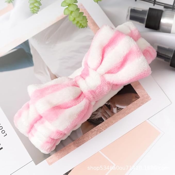12pcs Spa Headband Soft Bowknot Spa Hair Band Coral Fleece Headband Makeup Headbands for Face Washing Skin Care Shower Yoga Headwraps for Women Girls (Dot Stripe Pattern)