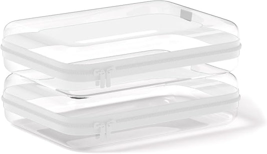 2Pcs Clear Zipper Pouches, White BIiss Plastic Bins for Organizing, Hard Clear Hard Shell Zipper Case Makeup Bag & Travel Organizer for Storage Cosmetics, Puzzles, 8.7 x 6.3 x 2.4 Inch