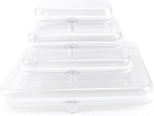 YOPCDJ Clear Hard Shell Zipper Case, Clear Zipper Pouches Waterproof Makeup Organizer & Travel Toiletry Storage Bag, Plastic Pouch for Office, Home, White, 4Pack XL+L+M+S