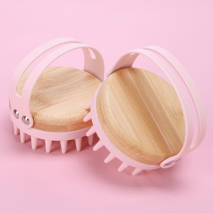 Bamboo Silicone Scalp Brush for Hair Washing – Gentle Shampoo Massager with Soft Bristles for Dandruff & Oil Care, Eco-Friendly Head Scrubber Comb for Deep Clean & Relaxing Shower (Pink)