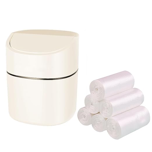 Mini Desk Trash Can with Lid, Tiny Countertop Garbage Can, Small Swing-Lid Table Top Trash Bin, Removable Plastic Desktop Waste Basket with Trash Bags 180Pcs for Vanity Bathroom Bedroom Office Car