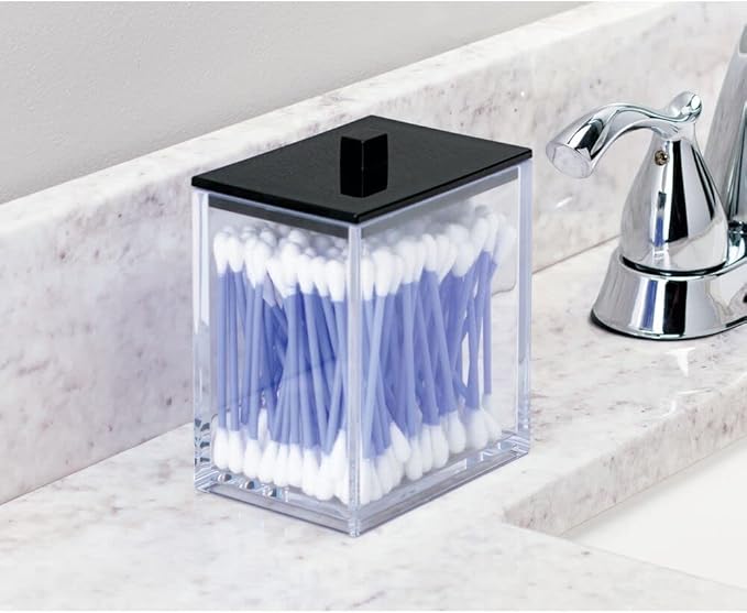 mDesign Plastic Rectangle Apothecary Canister - Organizer for Bathroom Vanity Countertop Shelf Decor - Holds Cotton Swabs, Soap, Makeup, Bath Salts - Lumiere Collection - 2 Pack - Clear/Black