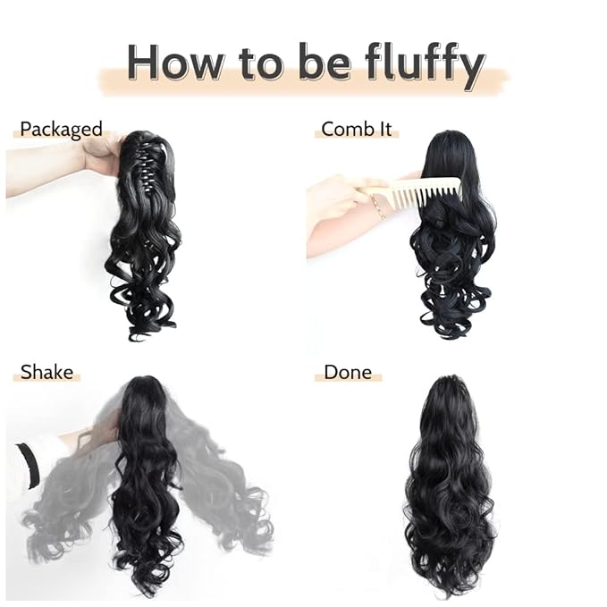 Claw Clip Ponytail Extension 16" Wavy Clips in Hair Extensions Curly Synthetic Pony Tails Fluffy Faux Ponytails Wigs Natural Hairpieces for Women Wedding Party Daily Use 6 Oz Dark Black