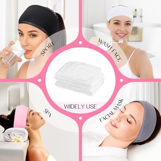 80 Pack Adjustable Spa Headband for Women Non-Slip Facial Hair Wrap for Washing Face, Makeup, Shower, Skincare, and Yoga (Black, 80)