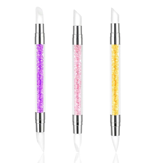 3 Pcs Nail Art Sculpture Pen, Dual Tipped Silicone Nail Tools, Silicone Head Acrylic Handle Nail Art Brushes, Rhinestone Nail Polish Carving Pen, Nail Art Tools for Home Salon(Yellow, Pink, Purple)
