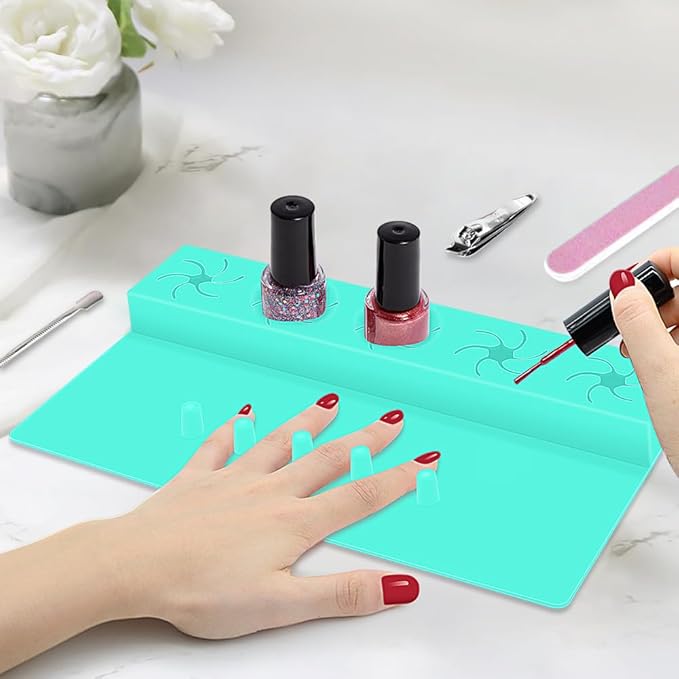 Nail Polish Holder,Silicone Hand Rest Mat Fingernail Painting Tools 2 in 1 Art Accessories Organizer Case Set with Anti-Spill Bottle Stand and Finger Separator for Pedicure Manicure-Turquoise