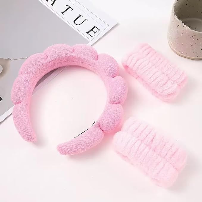 Spa Headband and Wristband Set for Women,Terry Cloth Sponge Headband for Washing Face,Makeup,Facial Mask and Skincare (Blue,Pink, One Size)