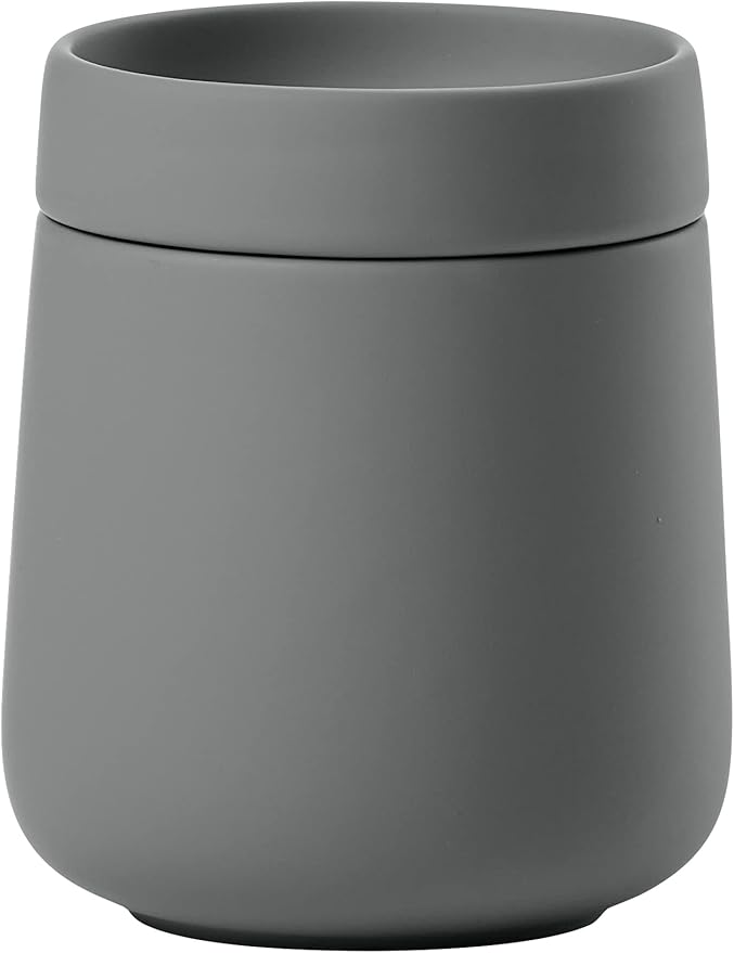 Zone Denmark Nova One Ceramic Storage Box with Lid for Bathroom Utensils such as Cotton Pads & Cotton Buds Diameter 3.3", Height 3.39", Capacity 290 ml, Grey