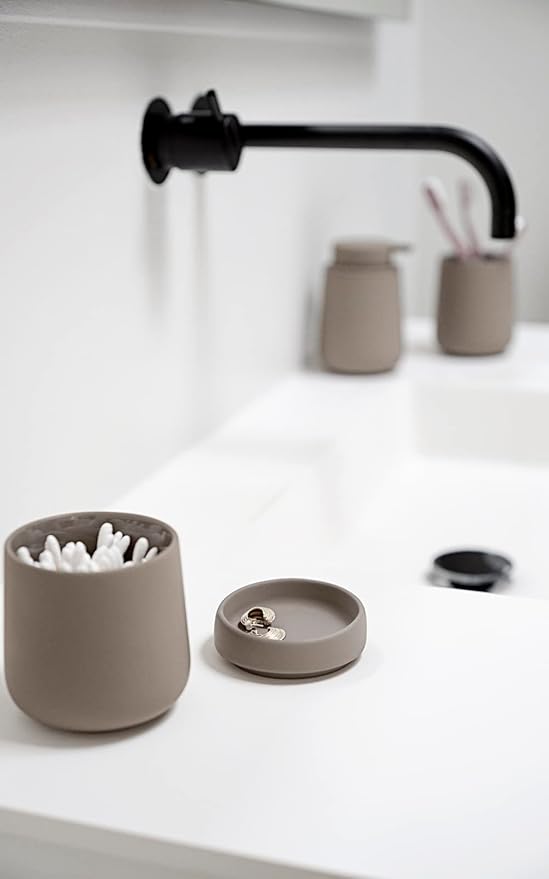 Zone Denmark Nova One Ceramic Storage Box with Lid for Bathroom Utensils Such as Cotton Pads & Cotton Buds Diameter 3.3", Height 3.39", Capacity 290 ml,Taupe