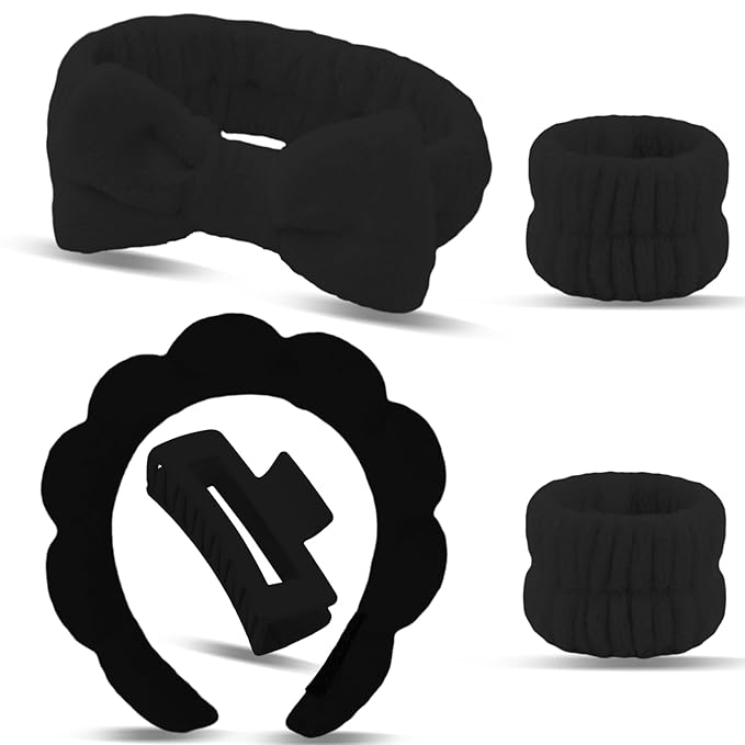 Canitor Sponge Spa Headbands Wristband Set with Hair Clips Skincare for Washing Face Non Slip Puffy Terry Cloth Makeup Headband Face Wash Wrist Bands Cute Trendy Stuff (black)