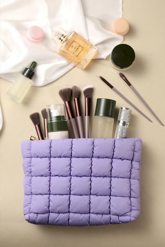 Puffy Quilted Makeup Bag for Women, Cosmetic Bag, Travel Toiletry Organizer Pouch Clutch (purple)