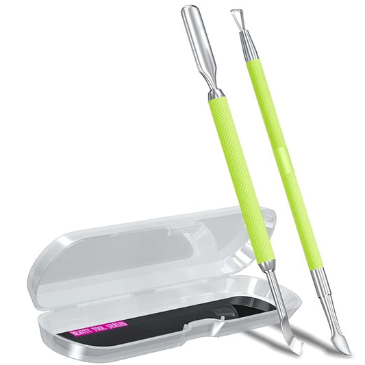 2PCS Metal Neon Green Cuticle Pusher and Cutter Remover Salon Quality Stainless Steel Gel Nail Polish Peeler Scraper Durable Manicure and Pedicure Cleaner Tool For Fingernail and Toenail