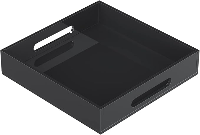 KOTEMON Acrylic Serving Tray with Handles-12x12x2.36Inch-Decorative Tray Letter Tray Organizer for Ottoman Coffee Table Countertop, Black