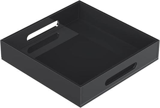 KOTEMON Acrylic Serving Tray with Handles-12x12x2.36Inch-Decorative Tray Letter Tray Organizer for Ottoman Coffee Table Countertop, Black