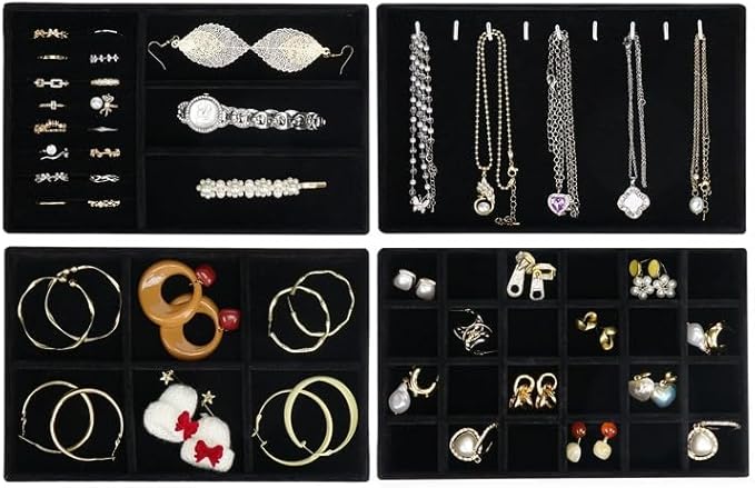 Cirhy 4 Stackable Jewelry Trays Organizer Set for Drawer, Jewelry Organizers and Display Case Storage, Velvet Drawer Inserts Organizer for Necklace Bracelets Earrings Organizer, Gift For Her, Black