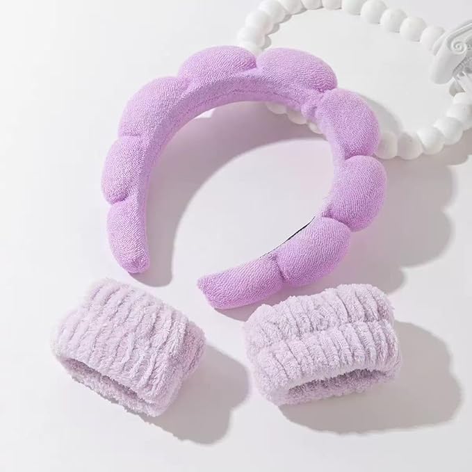 Spa Headband and Wristband Set for Women,Terry Cloth Sponge Headband for Washing Face,Makeup,Facial Mask and Skincare (Pink,Purple, One Size)