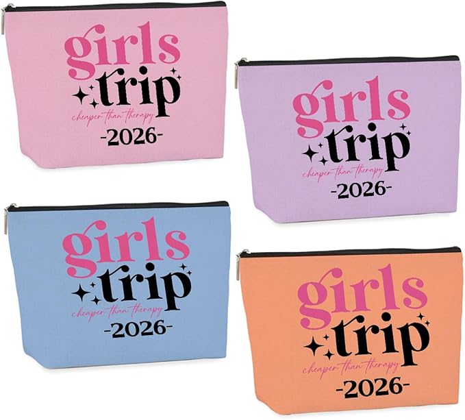 4 Pcs Girls Trip Gifts: Fashion Cosmetic Bag with Zipper, Water Resistant, Durable Nylon, 9W x 7H, Unisex, 4PCMB-2025Girltrip