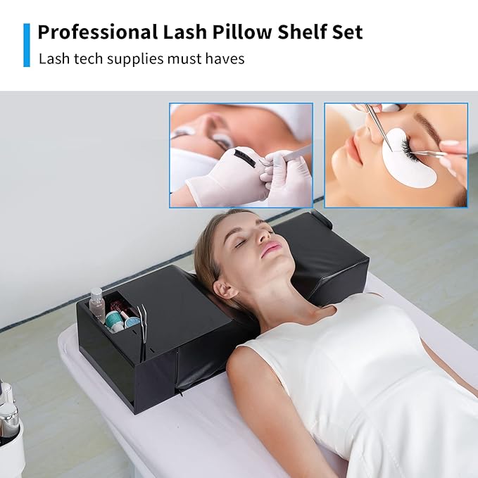 Eyelash Extension Neck Pillow With Acrylic Shelf Organizer Stand, PU Leather Waterproof Lash Extension Grafting Pillow Makeup Tool Display Cabinet Shelves - Black Shelf + Black Pillow Updated