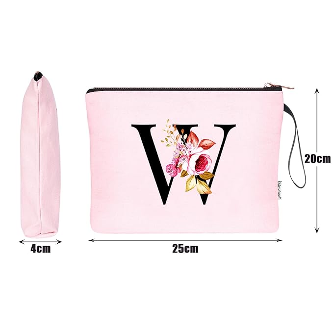 Vavabox A-Z Personalized Makeup Bag, Birthday Gifts for Women Mom, Gifts for Best Friend, Bride Bridesmaid Cosmetic bag (W, Pink)
