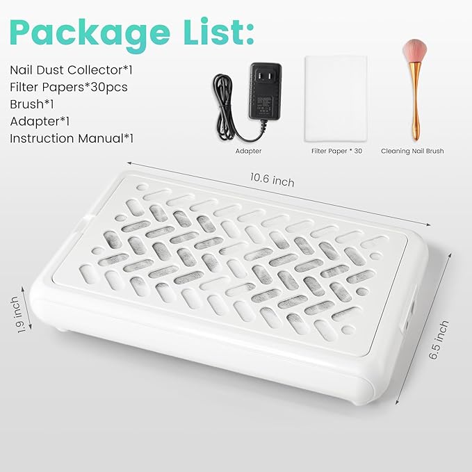 Nail Fan Dust Collector, Dual Fan Design Nail Vacuum Dust Collector with 30 Filter Papers & Cleaning Brush - Quiet, Powerful Suction for Salon & Home Use
