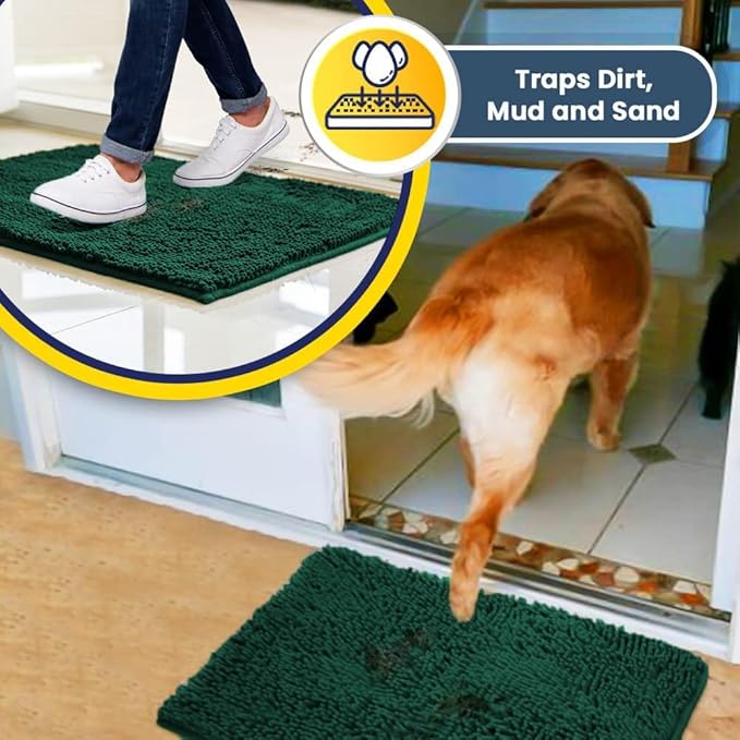Muddy Mat® | Super Absorbent Door Mat Indoor, Microfiber Quick Dry Chenille Entryway Rug, Non-Slip Front Door Mat, Indoor Mats for Entryway, Machine Washable Pet Rug, Dark Green XL 59"X35"
