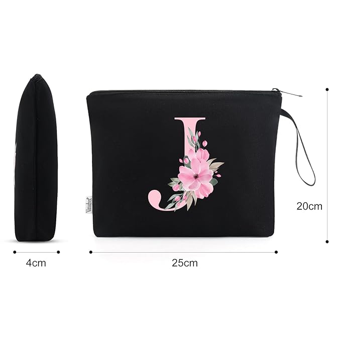 Vavabox A-Z Personalized Makeup Bag, Birthday Gifts for Women Mom, Gifts for Best Friend, Bride Bridesmaid Cosmetic bag (J, Black)