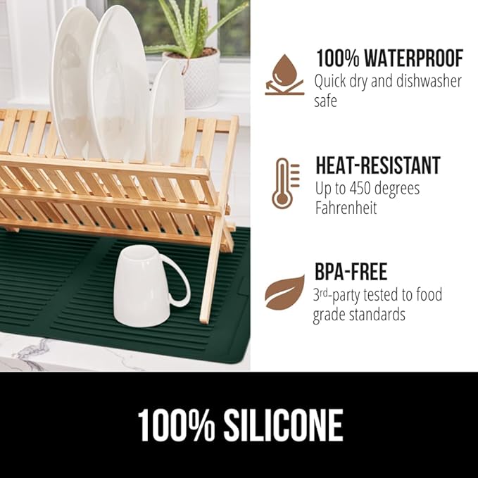 GORILLA GRIP 100% BPA-Free Silicone Dish Drying Mat for Kitchen Counter, Quick Dry, Water Catching Ribbed Design, Easy Clean Waterproof Sink Liner, Heat Resistant, Fits Under Rack, 12x16, Hunter Green