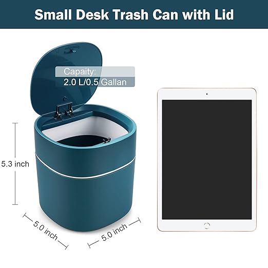 Mini Desk Trash Can with Lid with Trash Bags 180 pcs Press-Top 0.5 Gallon Tiny Countertop Waste Basket Small Table Top Plastic Covered Garbage Bin for Desk Top (Blue)