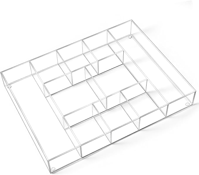 Large Acrylic Desk Deep Drawer Organizer with Adjustable Dividers, Anti-Skip Clear Desk Top Organizer Tray for Pens, Desktop, Office, Bathroom, Kitchen, Makeup Supplies(10 Compartments)