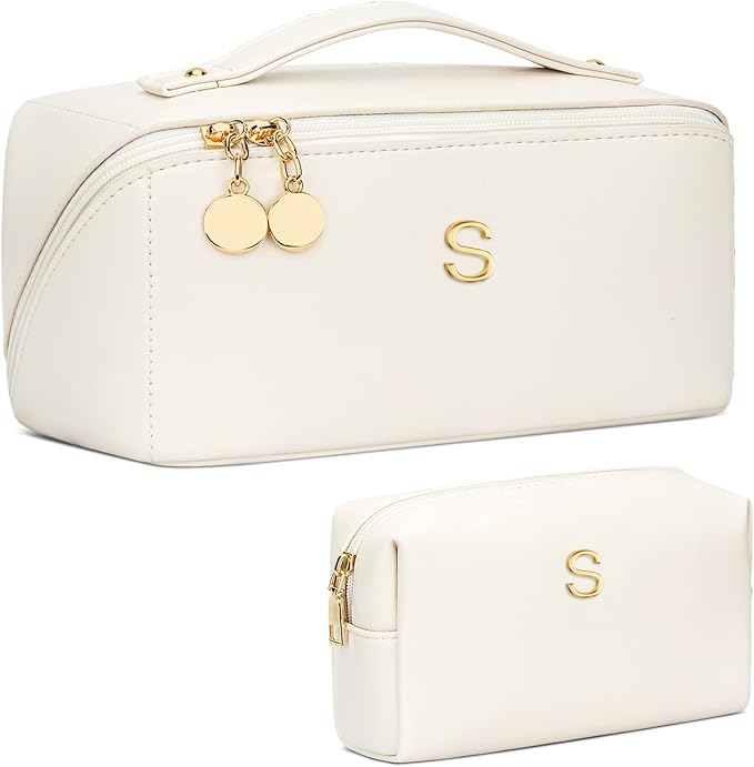 Birthday Gifts for Women Teen Girl, Personalized Initial Makeup Organizer Bag Set, Open Flat Travel Cosmetic Bag With Clear Divider and Handle(Large-Beige,S)