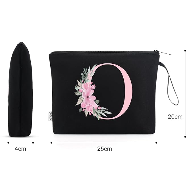 Vavabox A-Z Personalized Makeup Bag, Birthday Gifts for Women Mom, Gifts for Best Friend, Bride Bridesmaid Cosmetic bag (O, Black)