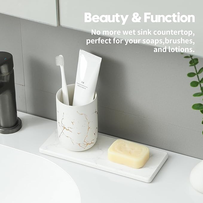 2PCS Diatomite Marble Tray Water Absorbing Mat for Kitchen Counter, Stone Drying Vanity Caddy for Bathroom Sink,Faucet Splash Guard,Soap Dispenser Rack Sponge Holder Organizer, White, 9"x3.5"
