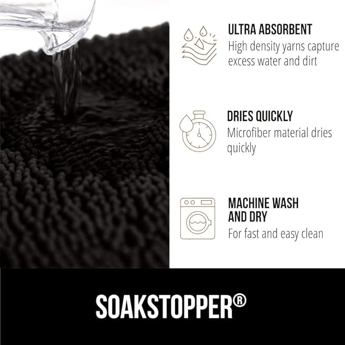 GORILLA GRIP SoakSTOPPER Dog Door Mat, Machine Washable Rug Absorbent Doormat Captures Moisture Mud Dirt, Quick Dry Soft Chenille Entryway Rugs Indoor Entrance Mats for Dog Paws, 24x16 Black