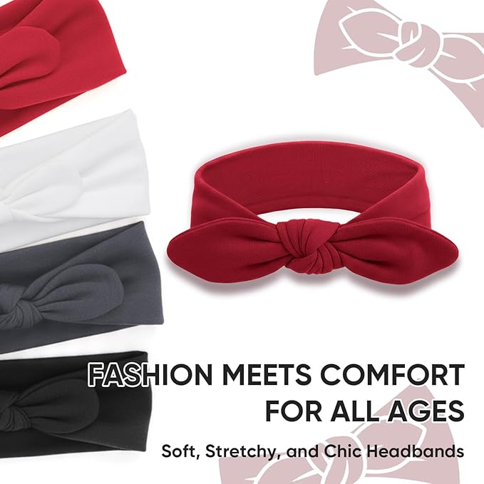DRESHOW 4 Pack Headbands for Women Bow Knotted Hair Band Facial Cloth Rabbit Ears Running Sport Elastic Hair Wrap