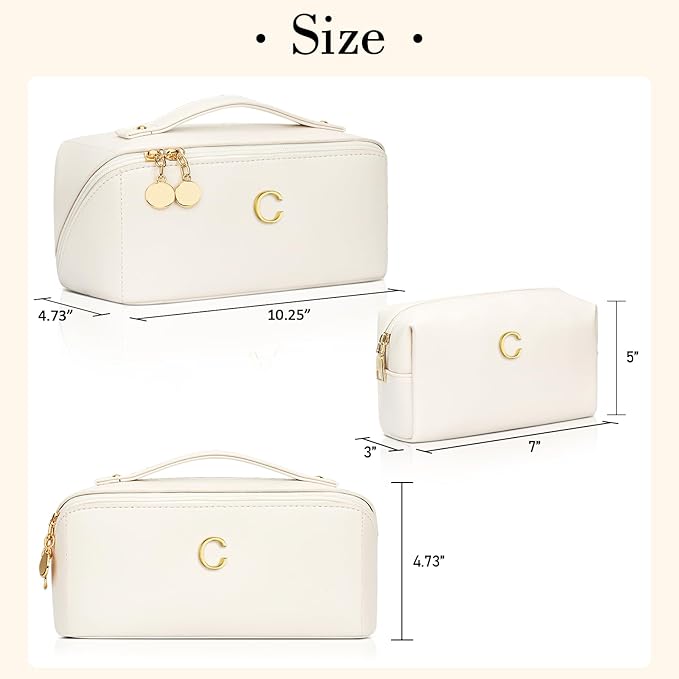 Birthday Gifts for Women Teen Girl, Personalized Initial Makeup Organizer Bag Set, Open Flat Travel Cosmetic Bag With Clear Divider and Handle(Large-Beige,C)