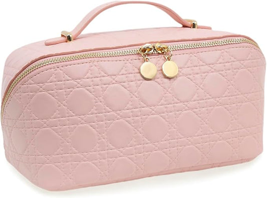 JINYIBAGS Travel Makeup Bag – Large Cosmetic Organizer with Waterproof PU Leather, Smooth Double Zipper & Tear-Resistant Lining, Toiletry Pouch for Women (Pink)