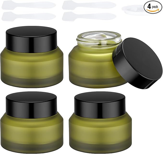 Segbeauty 1oz Green Frosted Glass Refillable Cosmetic Containers Jars with Lids, Empty Lotion Bottles with Spatulas, Travel Containers for Toiletries 4pcs 30ml, Empty Travel Size Bottles Jars