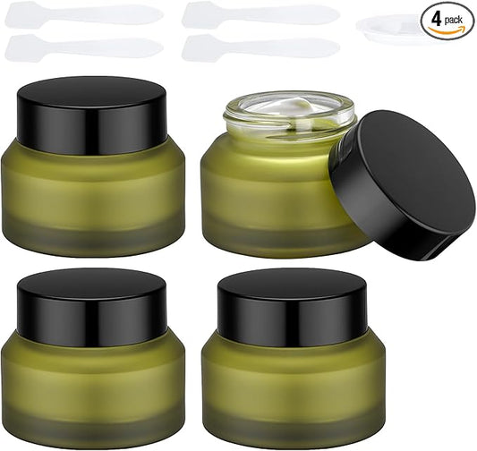 Segbeauty 1oz Green Frosted Glass Refillable Cosmetic Containers Jars with Lids, Empty Lotion Bottles with Spatulas, Travel Containers for Toiletries 4pcs 30ml, Empty Travel Size Bottles Jars