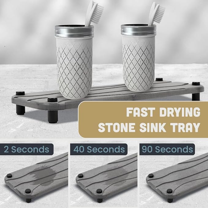 2pc Stone Drying Tray - Diatomite Sink Caddy Kitchen Sink Organizer - Water Absorbing Bathroom Counter - Absorbent Kitchen Soap Tray (Gray)