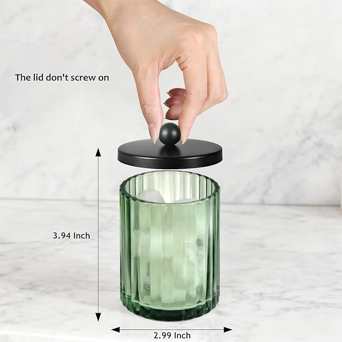 Amolliar Sage Green Glass Apothecary Jar With Metal Lid & Stickers, Bathroom Qtip Holder Dispenser for Cotton Swabs, Balls, Round Pads, Bath Salt, Floss, Countertop Canister Storage, Bronze 4 Pack