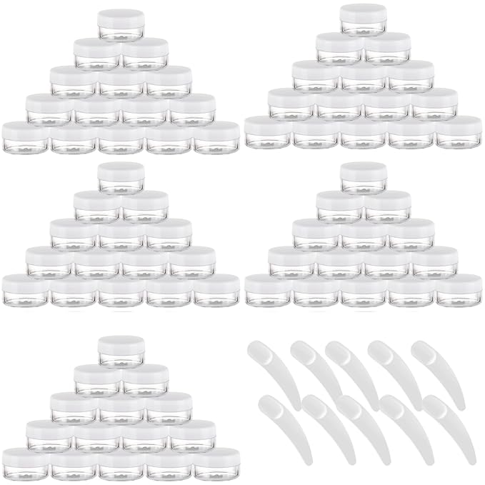 Refillable Cosmetic Sample Jars - 100 Pack 10g (0.35oz) White Small Travel Containers with Lids + 10 Mini Makeup Spatulas - BPA Free